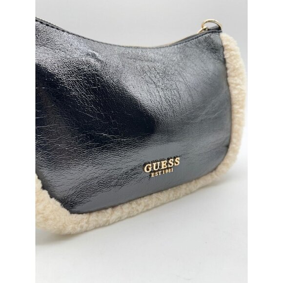 GUESS Davika crinkle faux-leather Sherpa trim hobo shoulder bag - Black - Picture 14 of 15